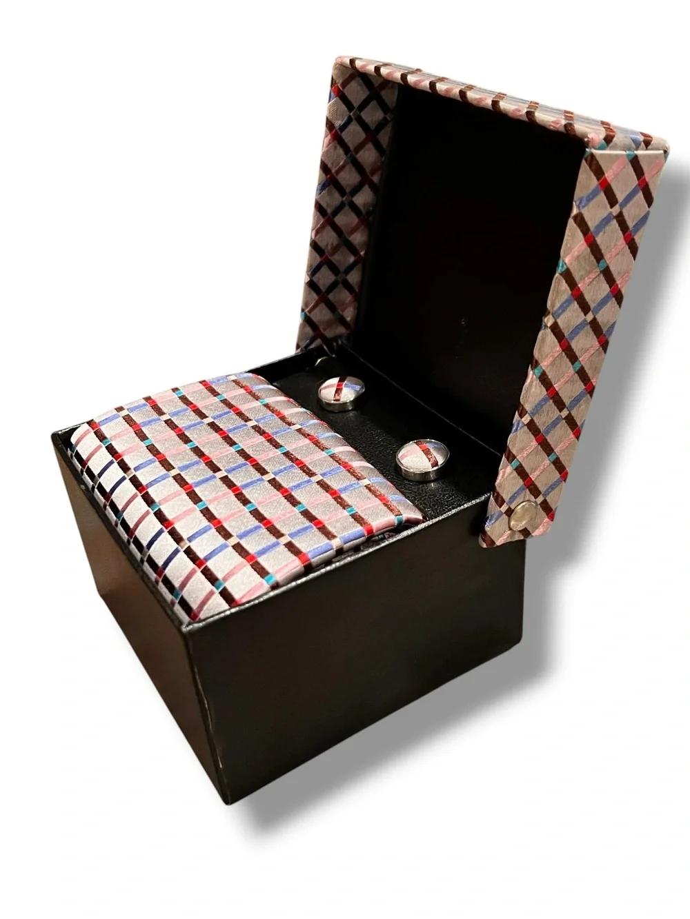 100% Silk Tie & Matching Cufflinks Gift Set : Light Purple/Multi Color Check D-3